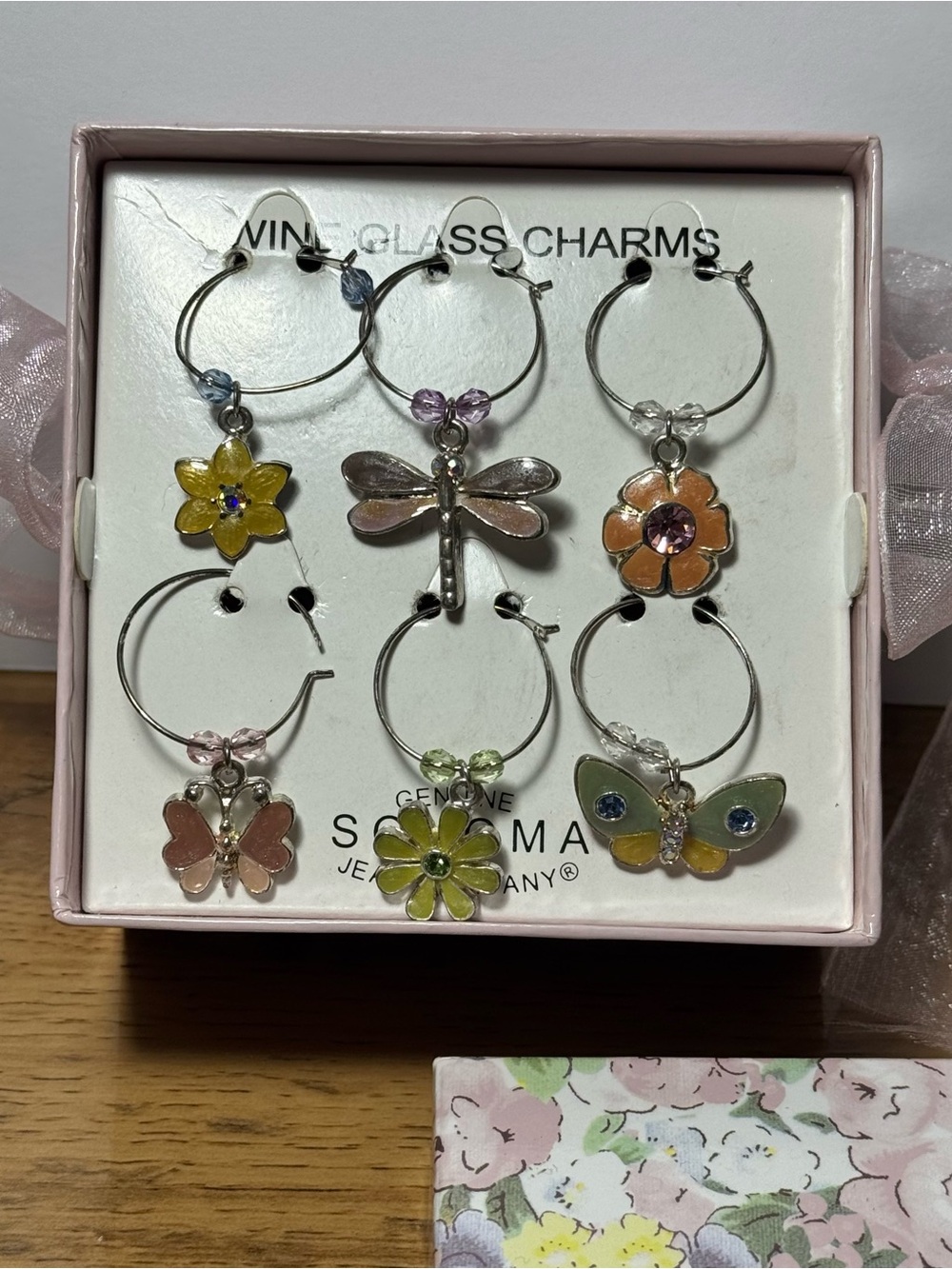 NEW Sonoma Multicolor Wine Charms Set of 6 Butterfly & Flowers in Gift Box